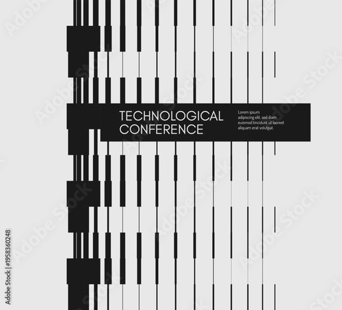 Technologycal conference event. Black and white image of multiple lines of different thicknesses with transition and shift effect. Dynamics for brochure, poster, cover, card, presentation or banner.