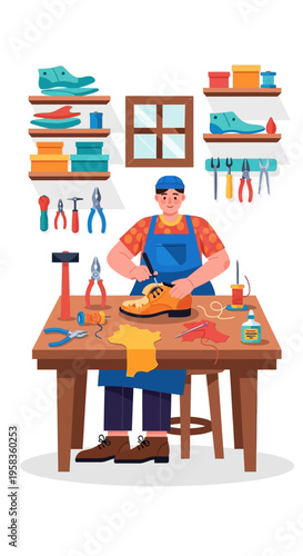 Skilled cobbler meticulously repairing a shoe at his workbench.