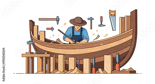 Skilled craftsman meticulously building a wooden boat with tools.