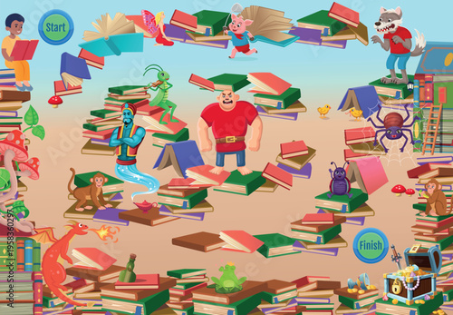 Fantasy maze made of books with fairy tale characters and creatures. Adventure concept, storytelling world, imagination and playful learning.