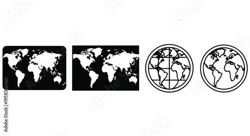 A set of four black and white illustrations of the world map in different styles and formats on a plain white background.