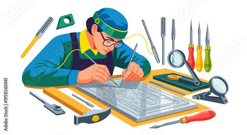 Skilled craftsman meticulously working on a detailed blueprint with precision tools.