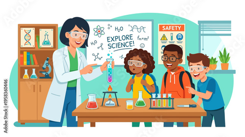 Teacher and students conducting science experiment in classroom.