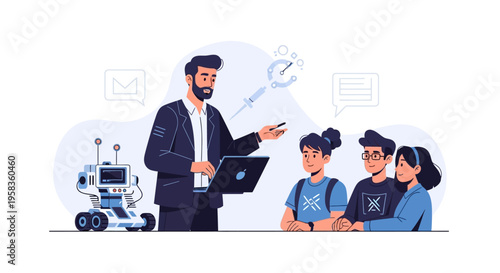 Teacher demonstrates robot to attentive students in classroom setting.