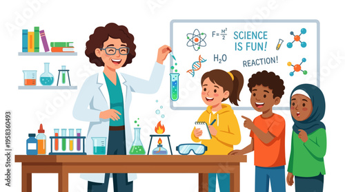Teacher demonstrates science experiment to diverse students in classroom.