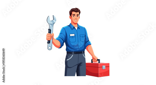 Skilled Mechanic Holding Wrench and Toolbox Ready for Work.