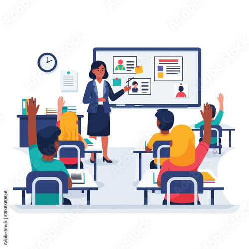 Teacher instructing students in a classroom setting with raised hands.