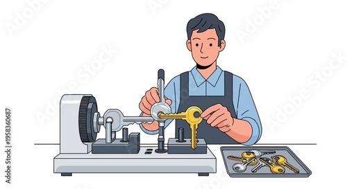 Skilled locksmith meticulously duplicating a key with precision equipment.