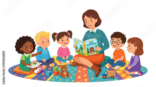 Teacher reading book to diverse group of children.