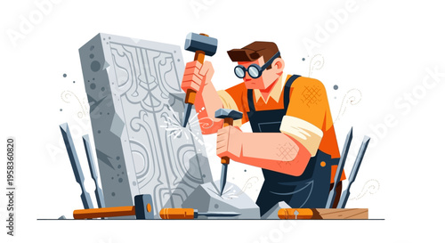 Skilled sculptor meticulously carving intricate details into stone artwork.