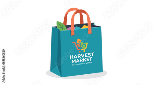 Teal Harvest Market Shopping Bag with Orange Handles.