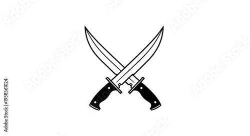 Two crossed hunting knives with black handles on a white background.