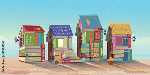 Fantasy city of book houses. Online education and imagination concept. Vector illustration.