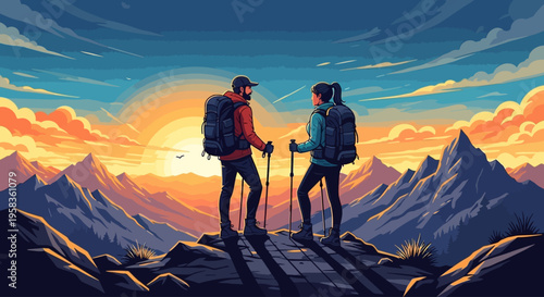 Two hikers stand on a mountain peak at sunrise.