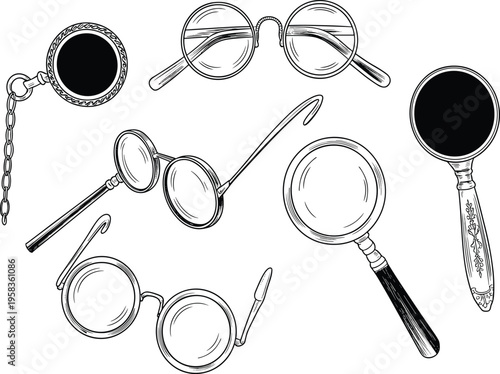 Vintage spectacles and magnifying glass vector set with monocle, antique eyewear, and old engraving style