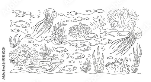 Underwater ocean scene with various marine life and coral reefs.
