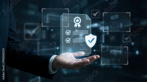 A human hand in a dark suit presents a holographic document with a shield icon and multiple checkmarks, indicating quality and security standards.