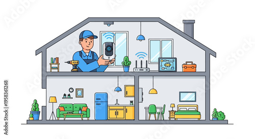 Skilled technician installing smart home technology in a modern house.