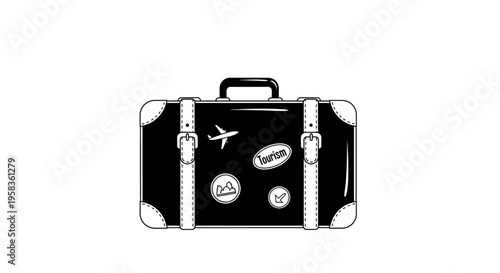 Vintage black suitcase with travel stickers and airplane illustration.