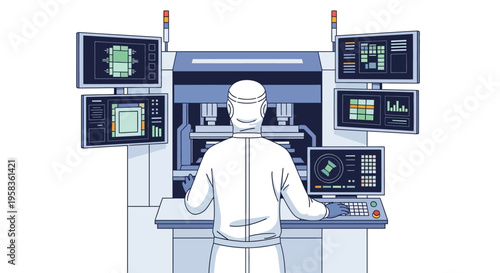Technician in cleanroom operating advanced manufacturing equipment.