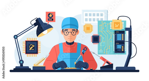 Skilled Technician Working on Electronic Components with Precision Tools.