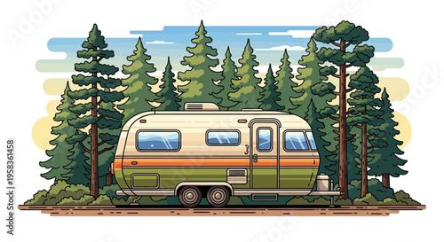 Vintage camper trailer parked in a pine forest setting.