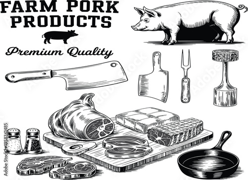 Vintage hand drawn farm pork products vector with pig, meat cuts, butcher tools, and kitchenware