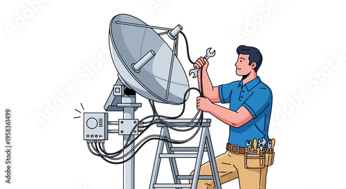 Technician Installing Satellite Dish on Ladder.