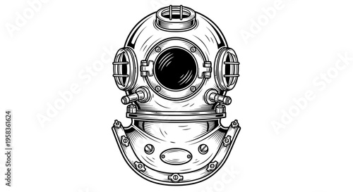 Vintage diving helmet illustration in black and white style.