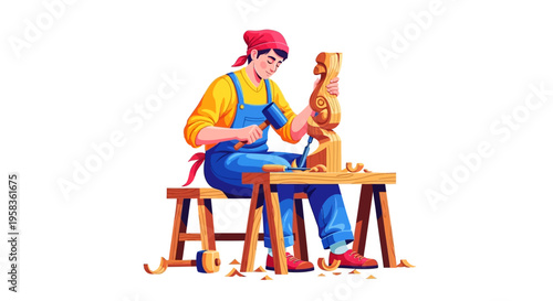 Skilled woodcarver meticulously shaping a wooden sculpture.