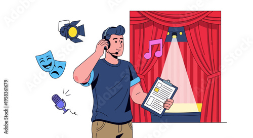 Theater director managing stage production with headset and clipboard.