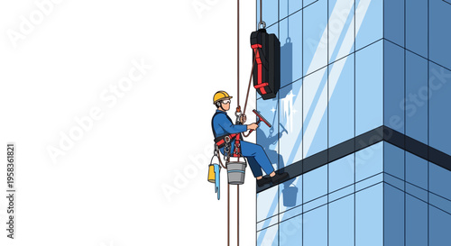 Skyscraper window cleaner working at height on building facade.