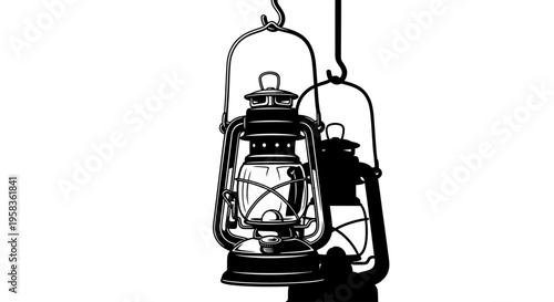 Vintage kerosene lantern hanging and casting a shadow.