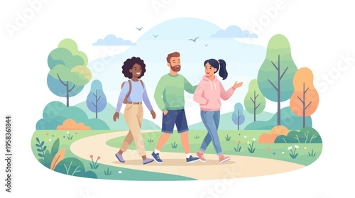 Three diverse friends walking together in a park.