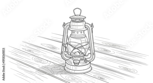 Vintage kerosene lantern sketch on wooden planks.