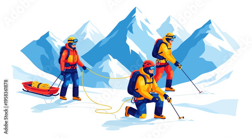 Three mountaineers in yellow jackets on snowy mountain expedition.