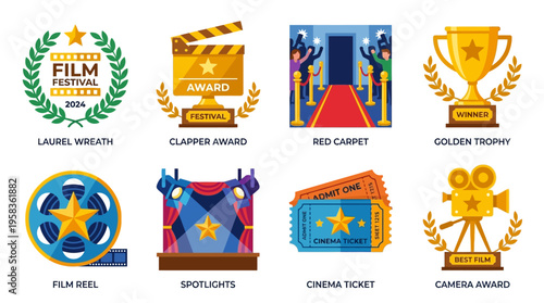 A vector graphic illustration of film awards and cinema elements on a red carpet, featuring a golden trophy, clapper, and spotlights.