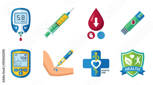 Medical vector icons for diabetes and health checkup with glucometer, syringe, and health symbols in a healthcare setting.