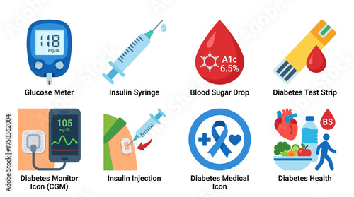 Vector illustration of diabetes management tools and symbols, including a glucose meter, insulin syringe, and test strip, for healthy living and medical care.