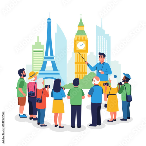 Tour Guide Explaining Landmarks to Diverse Group of Tourists.