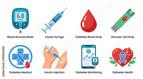 Vector illustration of diabetes management with blood glucose meter, insulin syringe, and test strip on a clean desktop.