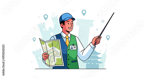 Tour Guide Holding Map and Pointer Stick Explaining Direction.
