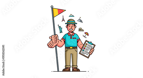 Tour Guide Holding Flag and Checklist with Landmarks.