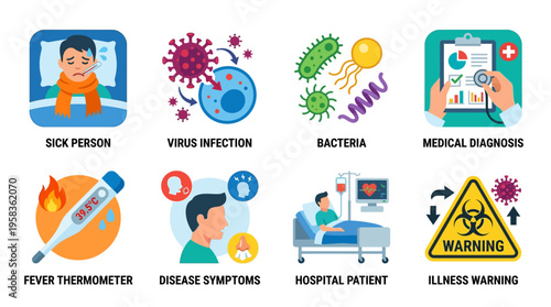 Vector illustration of a sick person with symptoms and medical diagnosis in a hospital setting with fever and illness warning signs.