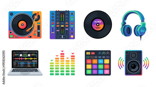 A vector graphic illustration of a DJ setup with turntables, mixer, headphones, laptop, and speakers in a digital music production environment for a lively party.