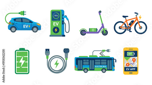 Electric vehicle charging station with a car, scooter, bicycle, bus, and smartphone displaying vector graphics of eco-friendly transportation options.