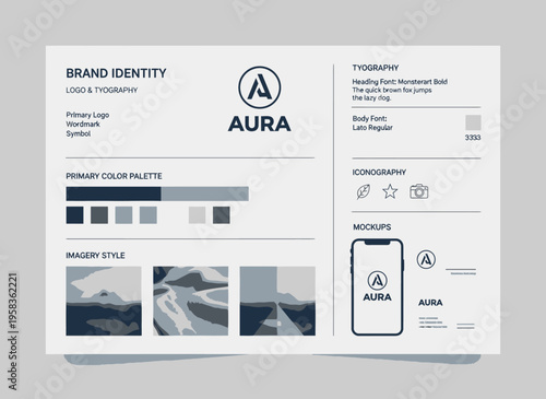 The AURA brand identity design features a color palette and phone on a table with mountains.