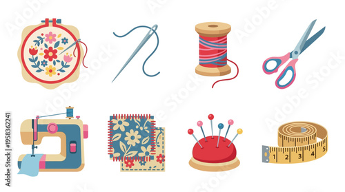 Vector illustration of sewing tools and equipment for quilting and embroidery on a clean surface