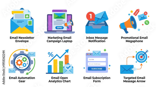 Vector graphics illustrate a laptop with email marketing campaign strategy next to promotional email megaphone and inbox message notification icons on a desk.