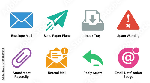 A vector graphic illustration of email icons including envelope, paper plane, inbox tray, warning sign, paperclip, unread mail, reply arrow, and notification badge on a digital interface.
